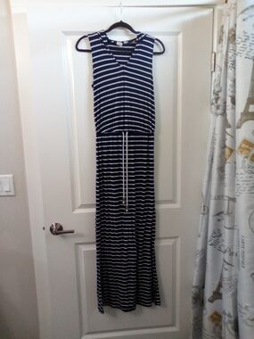 Navy and White Striped Sleeveless Maxi Dress Drawstring Waist Size Small